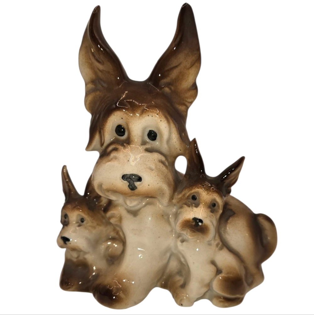 Vintage Porcelain Skye Terrier Dogs Figurine Mom and Pups Made In Germany A198